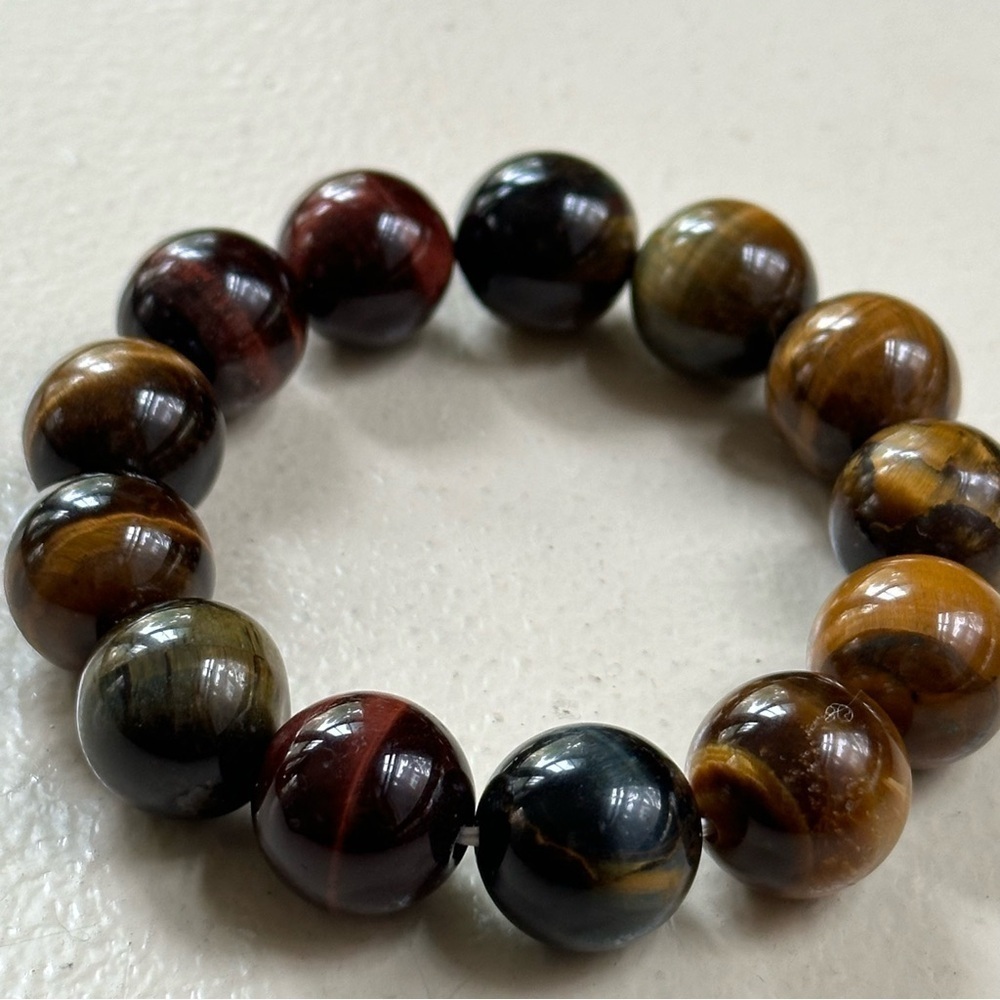 💸SOLD💸Tiger Eye Multicolor 16mm Natural Gemstone Stretchy Bracelet - Picture 5 of 7